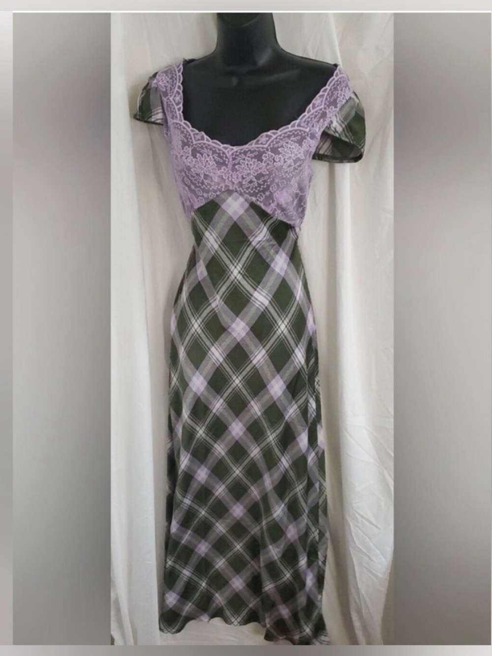 Betsey Johnson Plaid Midi Dress, Women's Medium Purple Green New Slip Satin